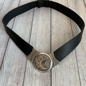 CHICO’S Black Genuine Leather Silver-Tone Buckle Belt Small Medium